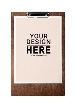 Clipboard with sheet of paper on white background. Mockup Your Design Here Stock Photos