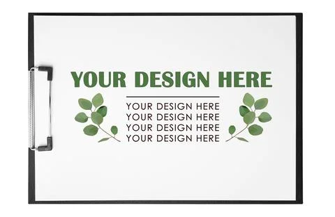 Clipboard with sheet of paper on white background. Mockup Your Design Here Stock Photos