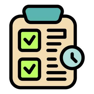 Clipboard showing completed tasks with check marks and time management icon Illustrazione stock