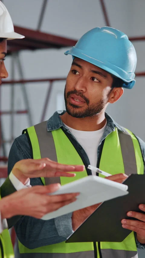 Clipboard, tablet and teamwork with builder people on worksite for meeting Stock Footage 342311910