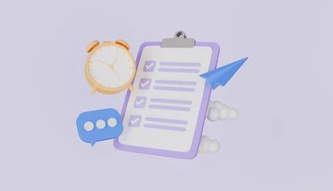 Clipboard with task list and alarm clock, Office paper document Ilustración de archivo
