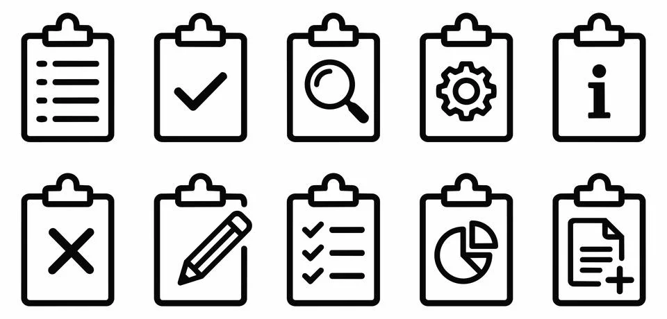 Clipboard task management icon set for business applications with clipboard Stock Illustration