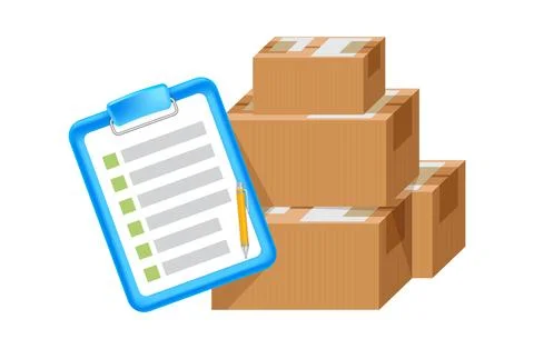 Clipboard tasks and crate boxes, quality stock check, checkmark report, war.. Illustrazione stock