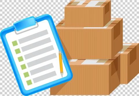 Clipboard tasks and crate boxes, quality stock check, checkmark report Ilustración de archivo