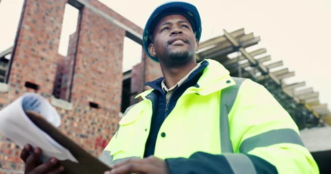 Clipboard, thinking and black man on construction site for planning, Stock Footage 336803072