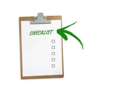 Clipboard with a white sheet with checklist written Stock Photos