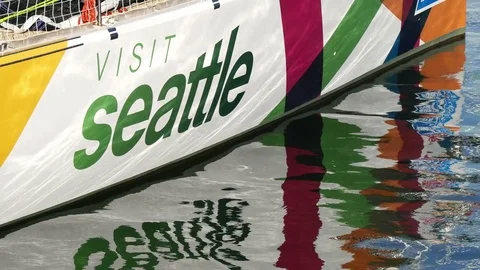 Clipper round world Front hull of racing yacht at waterline, "Visit Seattle" 스톡 동영상 81450900