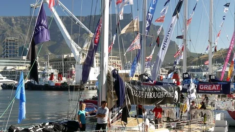 Clipper round world masts &amp; flags on ropes of racing yachts Table mountain 動画素材 81451418