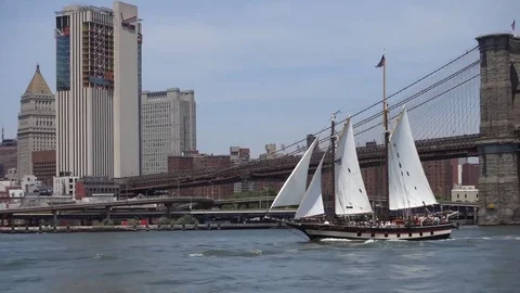 Clipper ship sailing on East River near Brooklyn Bridge Stock Footage 83100839