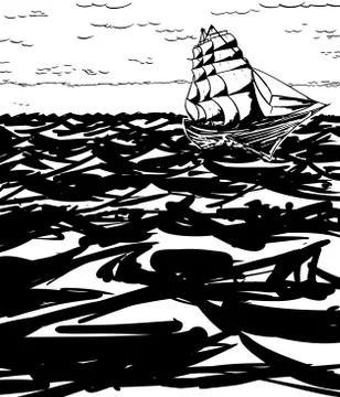 Clipper Ship on Water Outline Stock Illustration