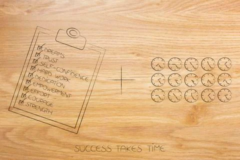 Clipping board with elements needed to succeed ticked off and group of clocks 스톡 일러스트