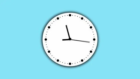 Clock in 12 hour loop. Clock with moving arrows on cyan color background. Stock Photos