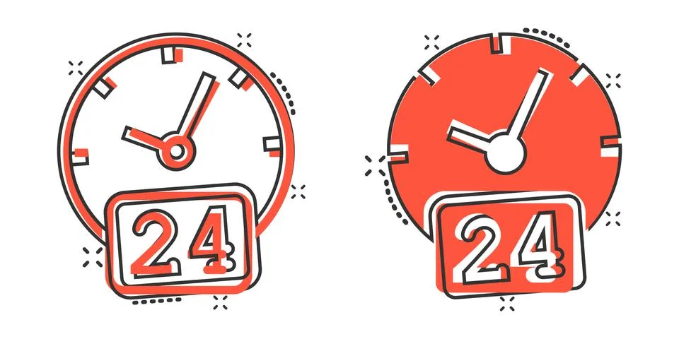 Clock 24/7 icon in comic style. Watch cartoon vector illustration on white is Ilustración de archivo