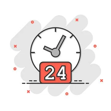Clock 24/7 icon in comic style. Watch cartoon vector illustration on white is Illustrazione stock