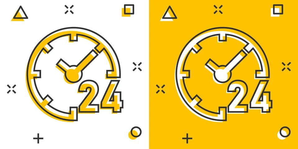 Clock 24/7 icon in comic style. Watch cartoon vector illustration on white is Stock Illustration