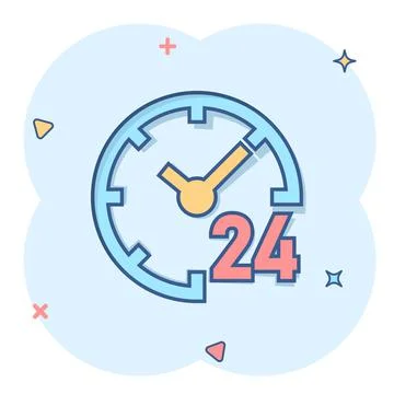 Clock 24/7 icon in comic style. Watch cartoon vector illustration on white is Illustrazione stock