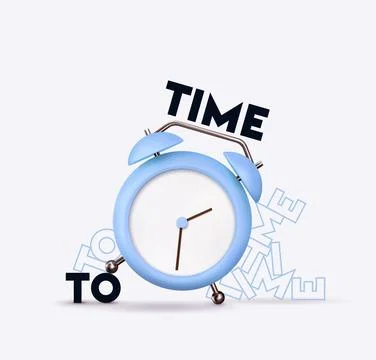 Clock 3d Vector. Blue Alarm clock realistic of plastic in soft pastel colors. Stock Illustration