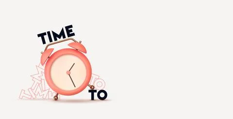 Clock 3d Vector. Pink Alarm clock realistic of plastic in soft pastel colors. 스톡 일러스트
