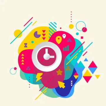Clock on abstract colorful spotted background with different ele Stock Illustration