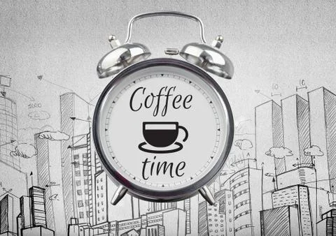Clock against grey stone background with city buildings drawings Fotos de archivo