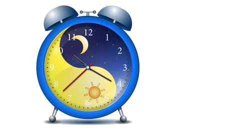 Clock, alarm clock with day and night clock face concept with moon and sun... Stock Illustration