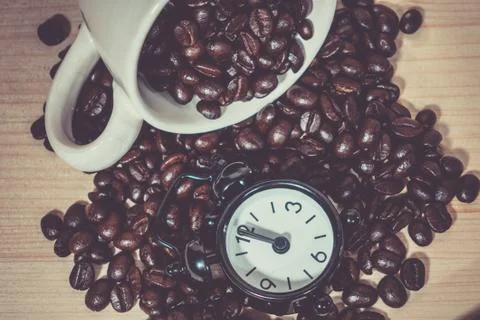 Clock  Alarm on Coffee beans Stock Photos