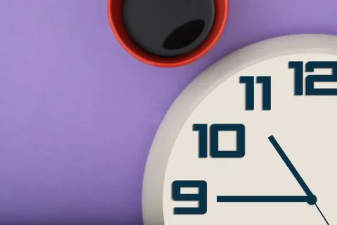 Clock &amp;amp; coffee cup on background banner Stock Photos