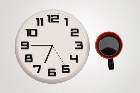 Clock &amp;amp; cup of coffee isolated on banner Stock Photos