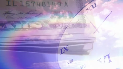 Clock and 3D dollar starting with clock edge fading in, prism arching, hands Stock Footage 329611191
