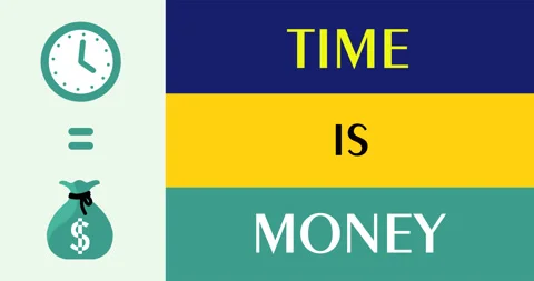 A clock and a bag of dollar bills with the title time is money Vídeo Stock 333506102