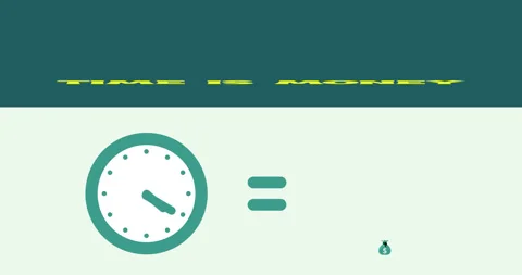 A clock and a bag of dollar bills with the title time is money Vídeo Stock 333506169