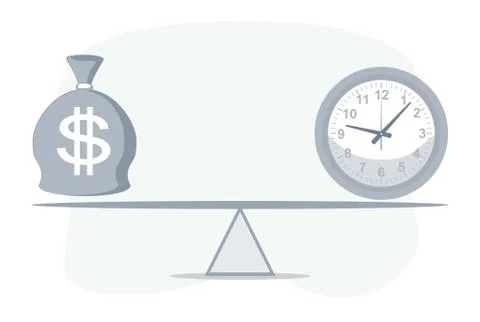 Clock and bag with dollar symbol on seesaw. Money and time balance. Stock Illustration