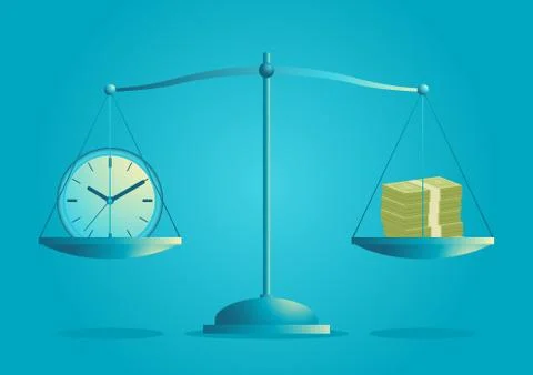 Clock and bank notes on scale Stock Illustration