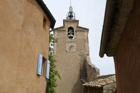 Clock and bell tower, Roussillon, Vaucluse, Provence-Alpes-Cte d'Azur, France Stock Photos