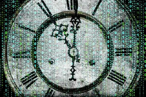 Clock and binary code Stock Photos