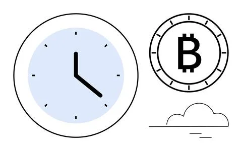 Clock and Bitcoin Symbol Connected by Line Over a Cloud, Representing Time .. イラスト素材