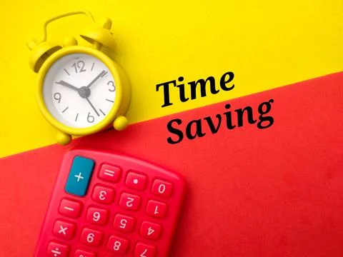 Clock and calculator with text Time Saving on yellow and red background. Stock Photos