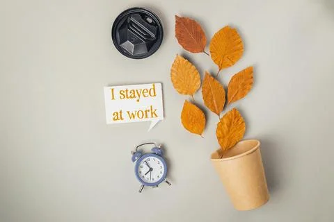 Clock and a cup with leaves on top of it Stock Photos