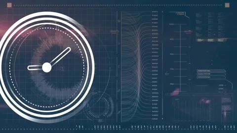 Clock and data visualization animating over technical grid background Stock Footage 303739968