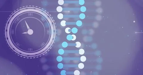 Clock and DNA strand image over blurred background Stock Illustration