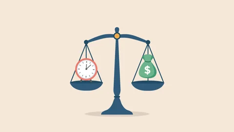 Clock and dollar bag on a scales balance animation Stock Footage 303398612