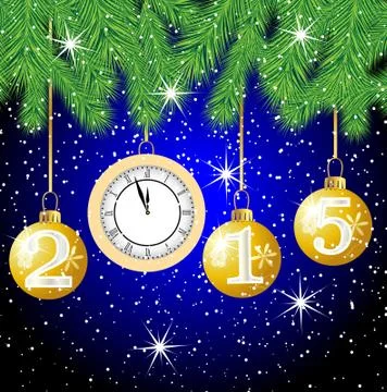 Clock and festive marbles with numbers 2015 hang on the branches of tree Stock Illustration