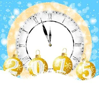 Clock and festive marbles with numbers 2015 lie on to snow Stock Illustration