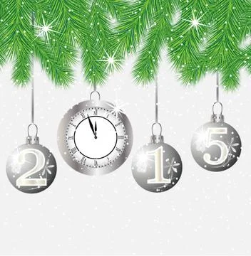 Clock and festive marbles with numbers 2015 hang on the branches of tree Stock Illustration