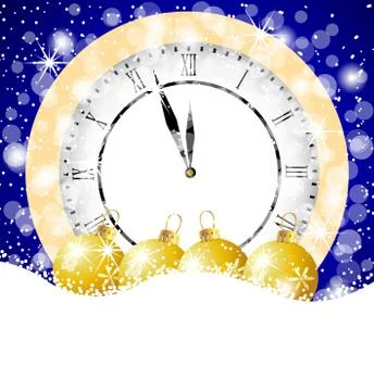 Clock and festive marbles on to snow Stock Illustration