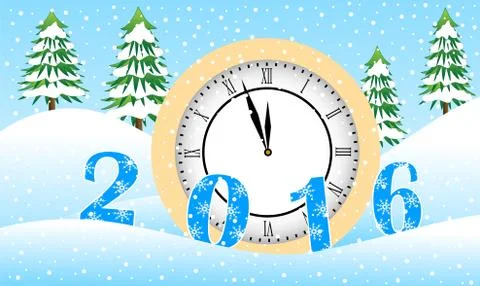 Clock and figures 2016 in the winter forest Illustrazione stock