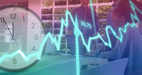 Clock and financial graph animation over businesswoman working on laptop in Stock Footage 304843774