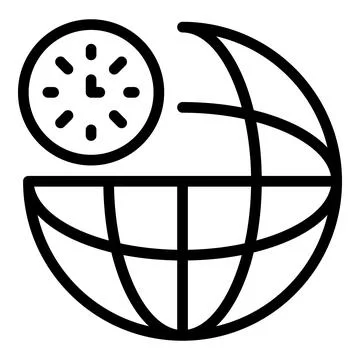 Clock and globe icon, outline style Stock Illustration