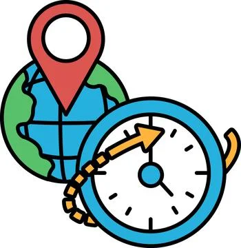 A clock and a globe with a red arrow pointing to the right Stock Illustration