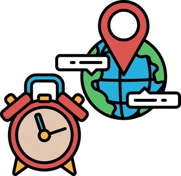 A clock and a globe with a red dot on it Stock Illustration